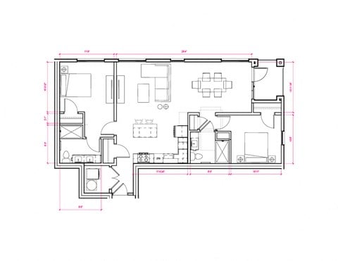 Floor plan for 2 beds, 2 baths, 1041 sqft